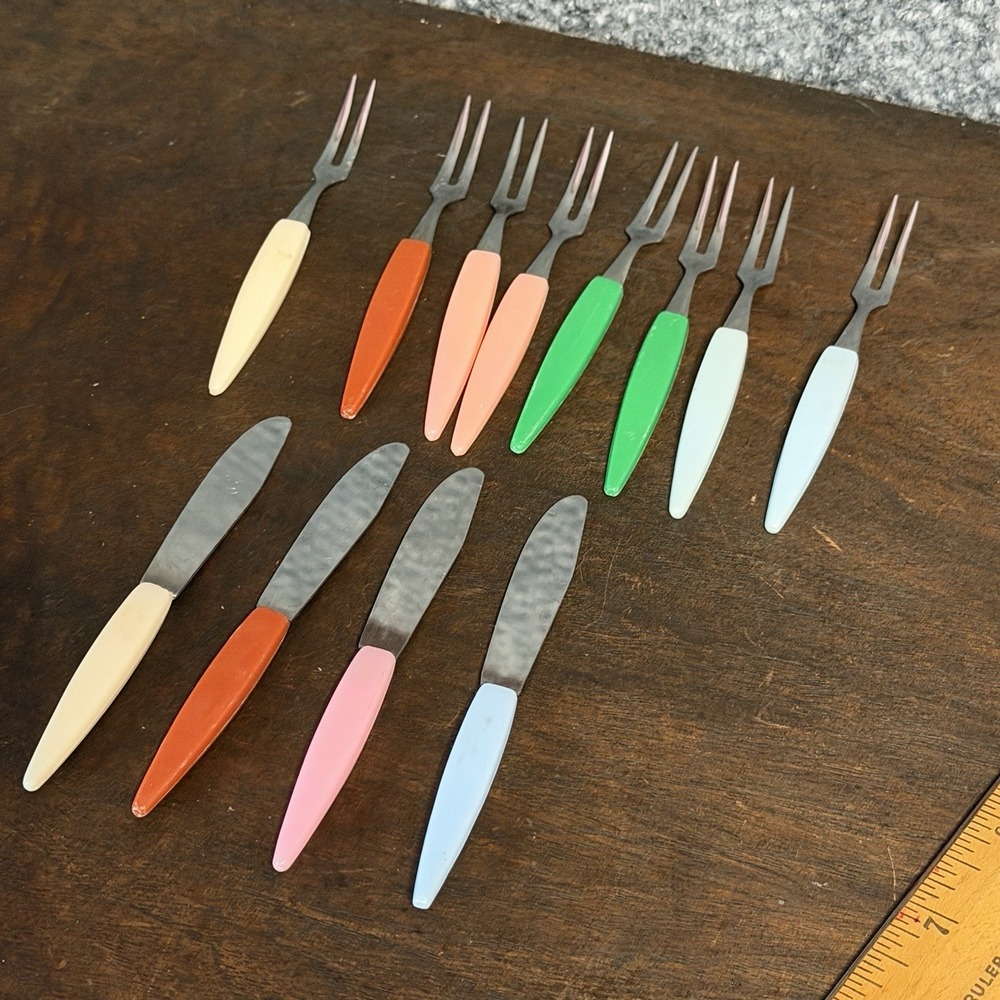 Little Fork Set of 12 Hors D'oeuvre Forks Spreader Retro Stainless Steel 1960's